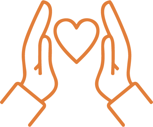line art icon of two hands framing a heart shape in the center