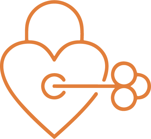 line art icon of a heart-shaped padlock with a key inserted into it