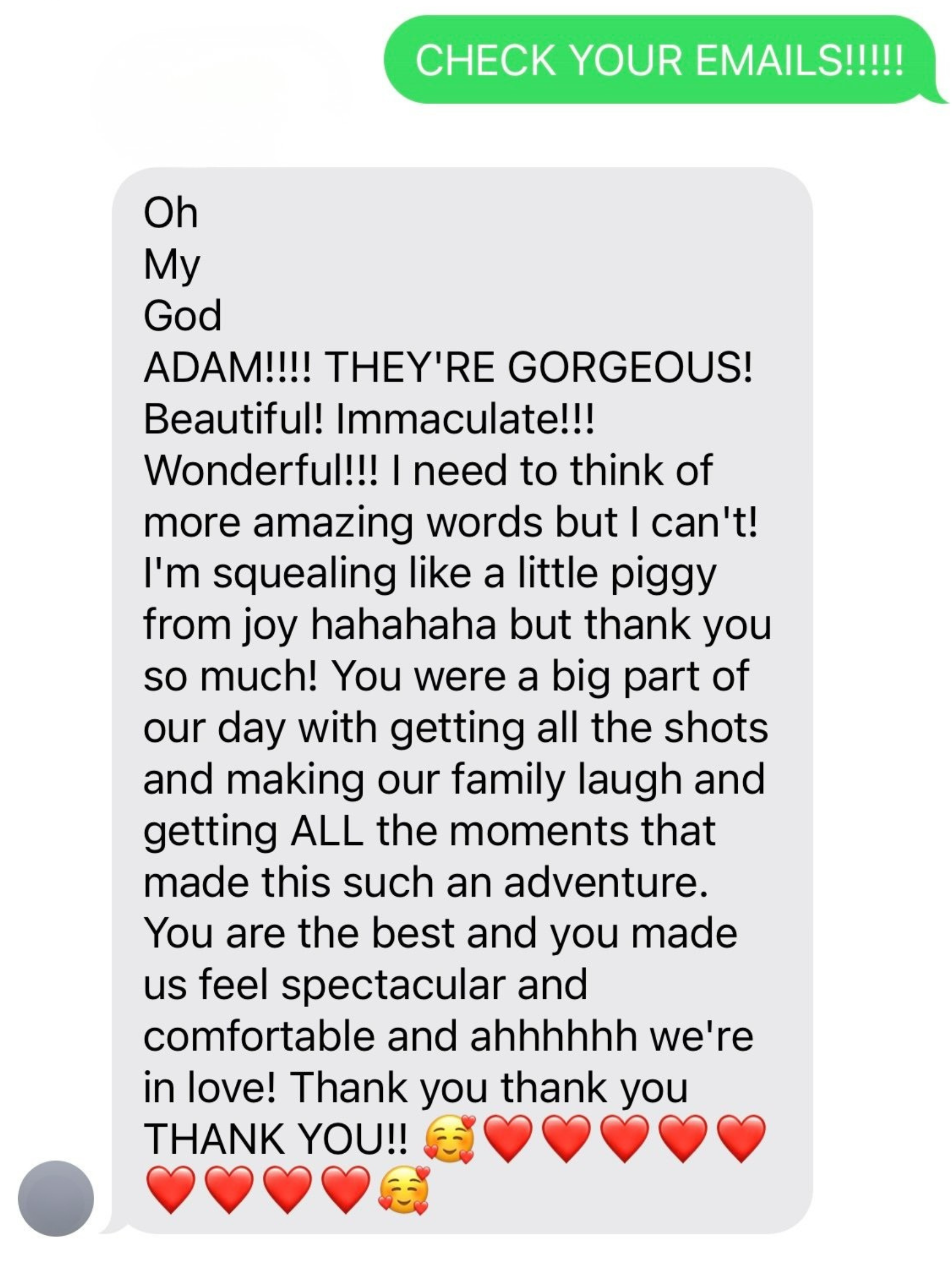 sceenshot of a customer review message with heart emoji