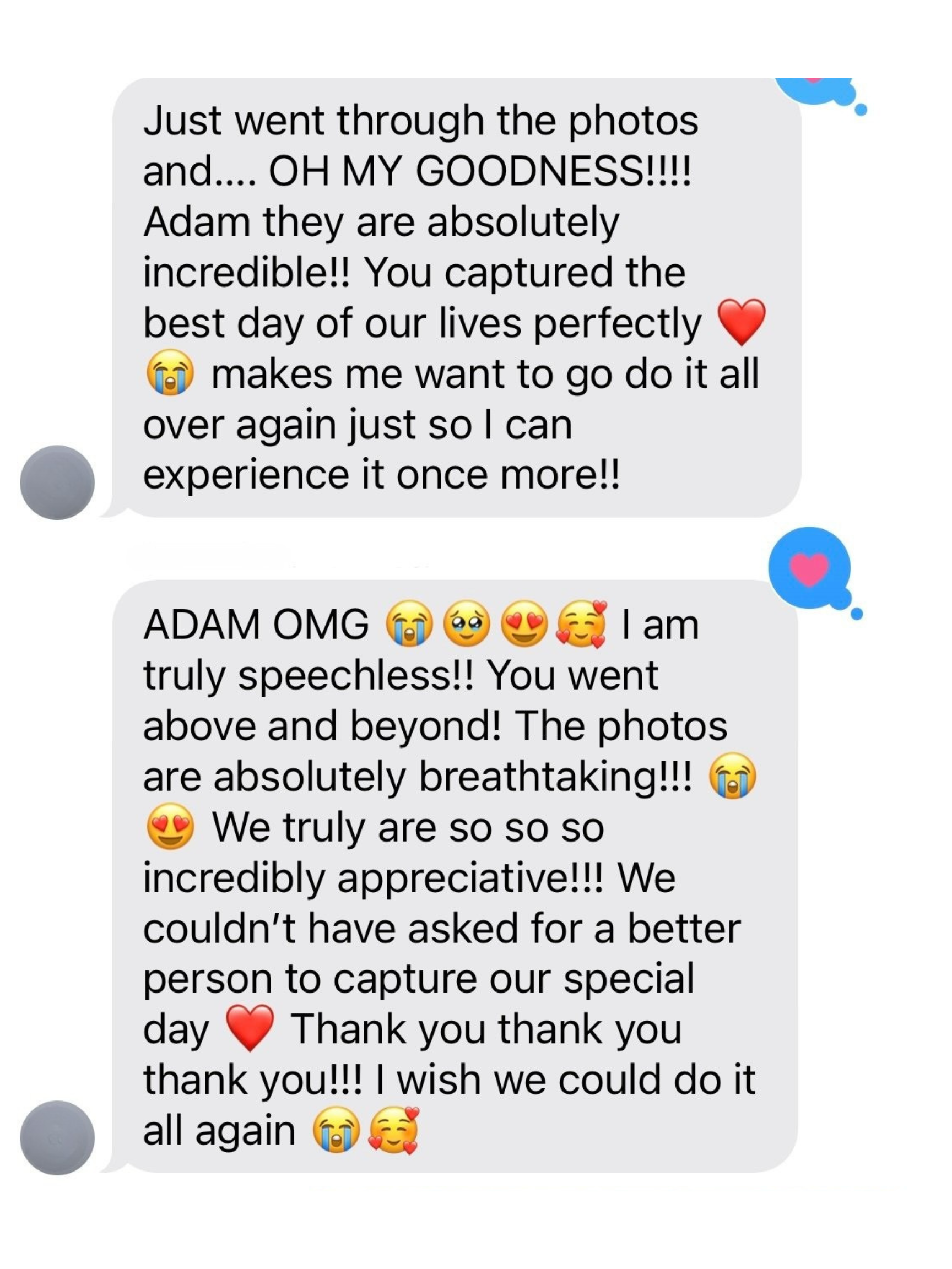 Screenshot of text-based customer reviews praising a photographer named adam, complete with heart and happy emojis