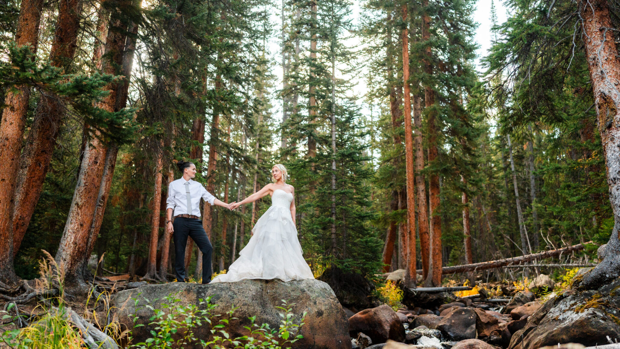 Couple holding hands in forest.
